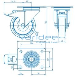 Lenkrolle D125, Doppelfeststeller, Anschraubplatte 140x110